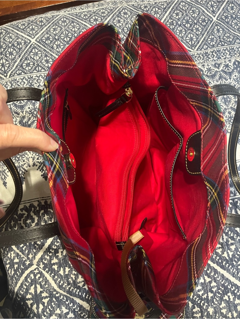 Dooney & Bourke Red TartanTote with Black Leather Handles (Some Interior Marks) - Picture 13 of 16